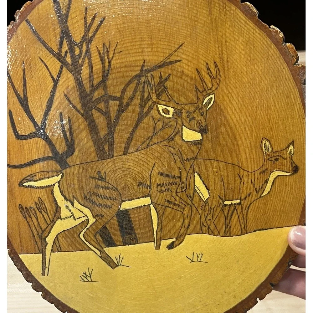 Deer Carving‎ Engraved Wall Art Tree Wood Slab Stained, Hunter, Animal, Rustic